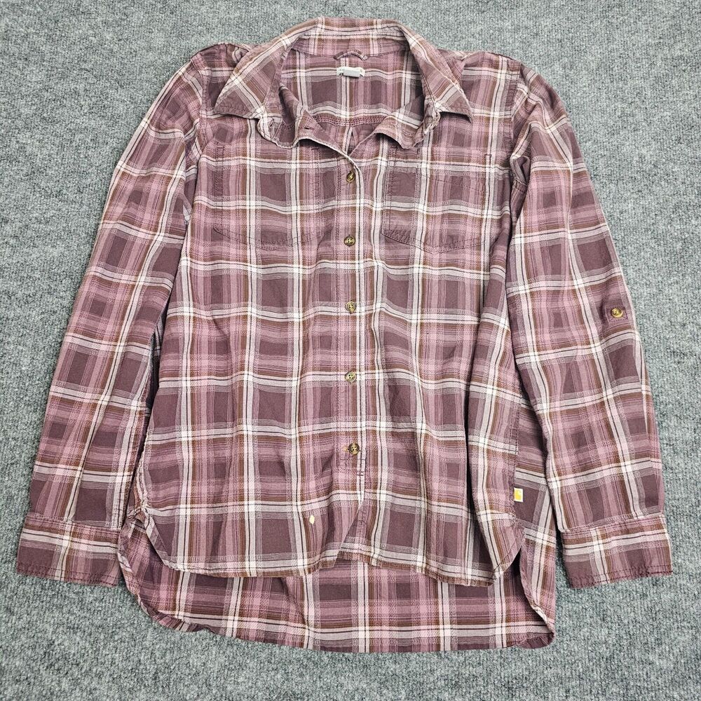 Carhartt Women's Burgundy Plaid Roll Tab Sleeve Button Down Shirt Size M (8/10)